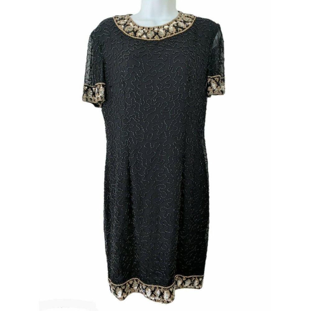 A.J. Bari Black Beaded Silk Dress Size 8